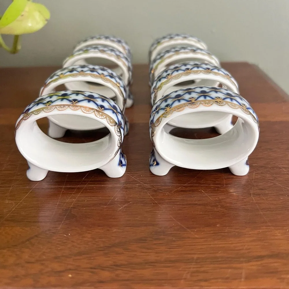 Vintage Lomonosov Russian Porcelain Napkin Rings Cobalt Net Set 8